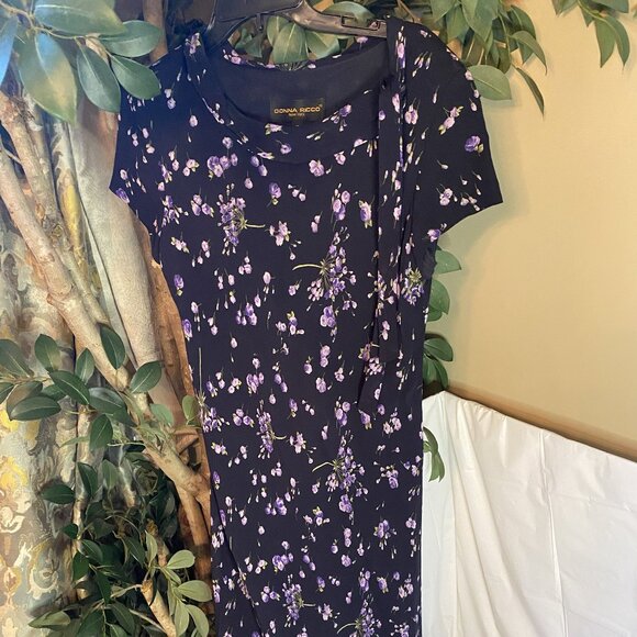 Donna Ricco Navy Blue and Purple Floral Sheath Maxi Dress Size 12 - Picture 1 of 5